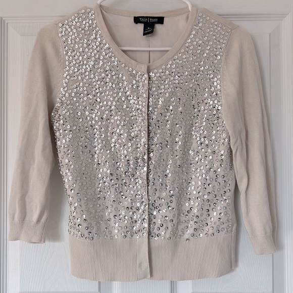 White & Black Dressy Cardigan Silver Sequin 3/4 Sleeve Sweater - Picture 3 of 8
